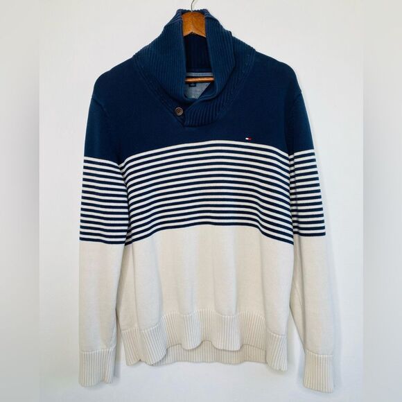 Tommy Hilfiger Cowl neck Sweater Striped Navy blue Size Large - Picture 2 of 7